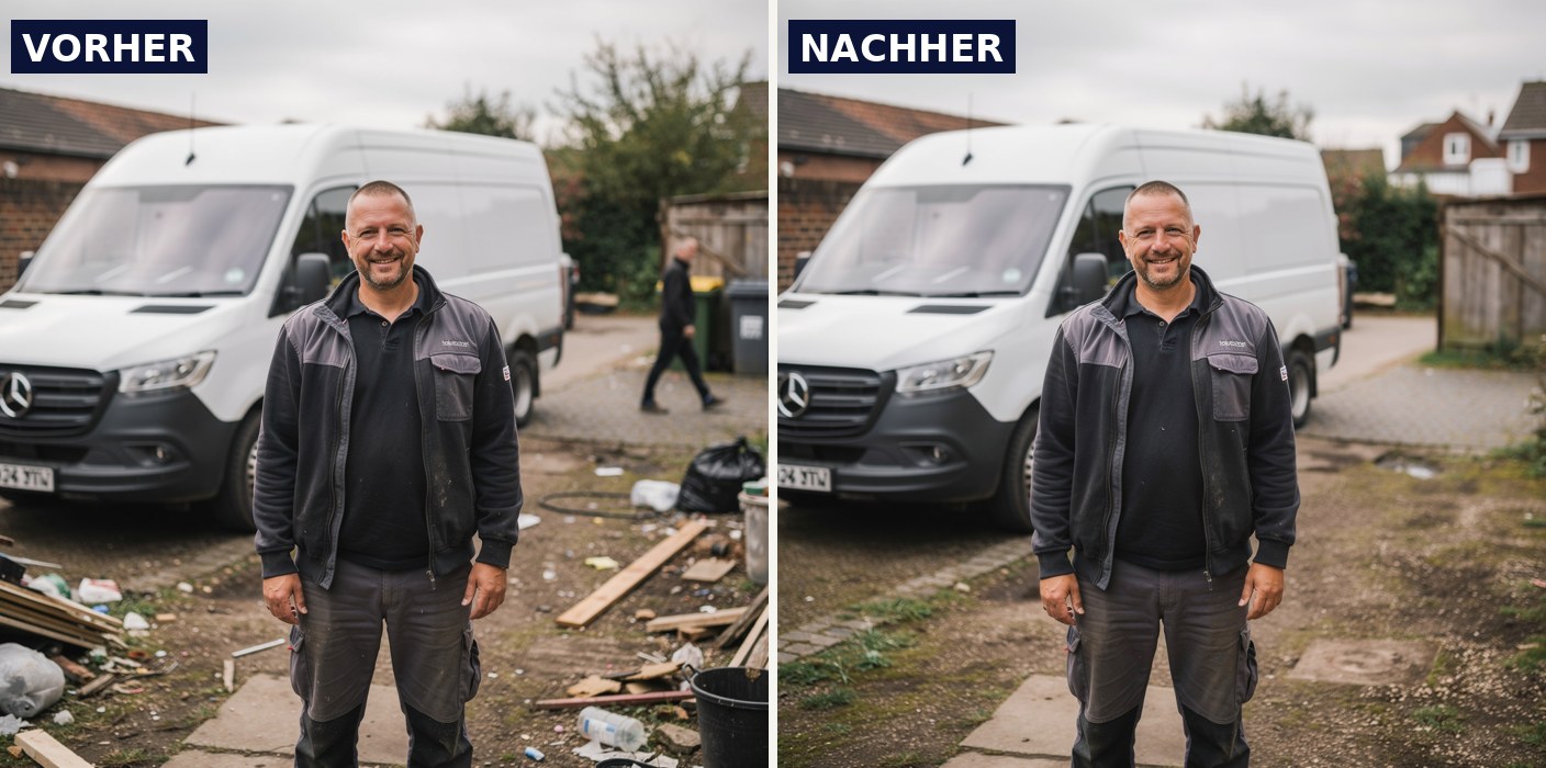 Vorher-Nachher: Person und Unordnung aus dem Hintergrund entfernt