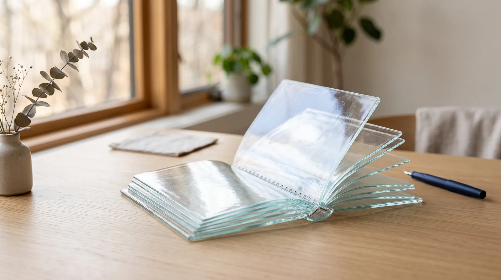 Ein aufgeschlagenes Notizbuch aus Glas auf einem hellen Schreibtisch — nichts ist versteckt