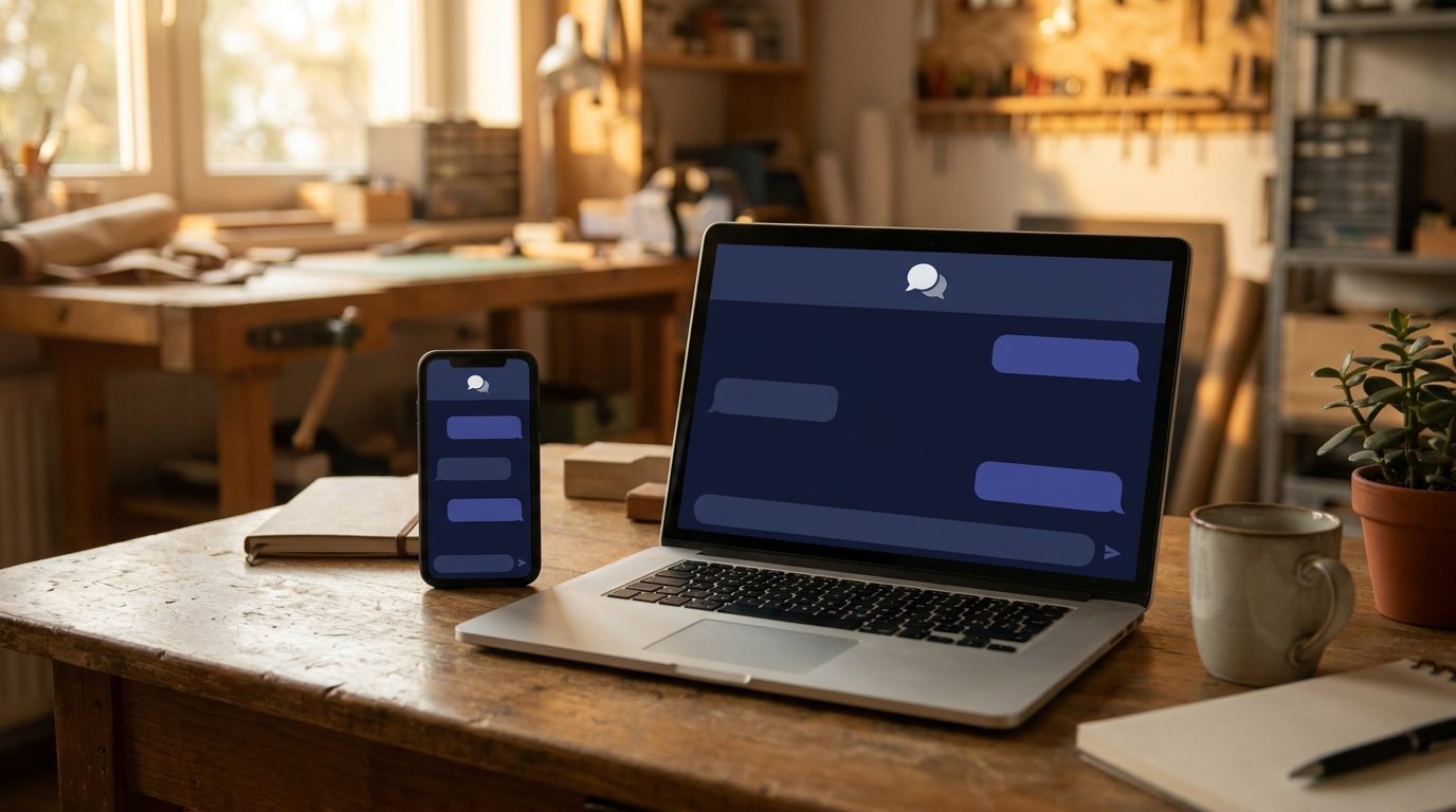 Laptop und Smartphone auf einem Schreibtisch, beide zeigen dieselbe blaue Chat-Oberfläche